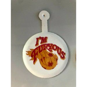 Vintage I'm Furyous Flaming Soccer Ball Futbol Fan Button Pin Tin Litho Tab